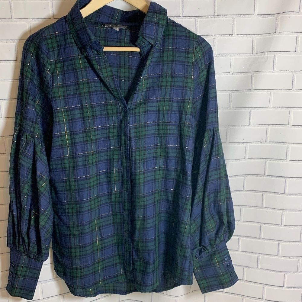 Greyson Blue/Green/Gold Plaid Blouse‎ Sz XS